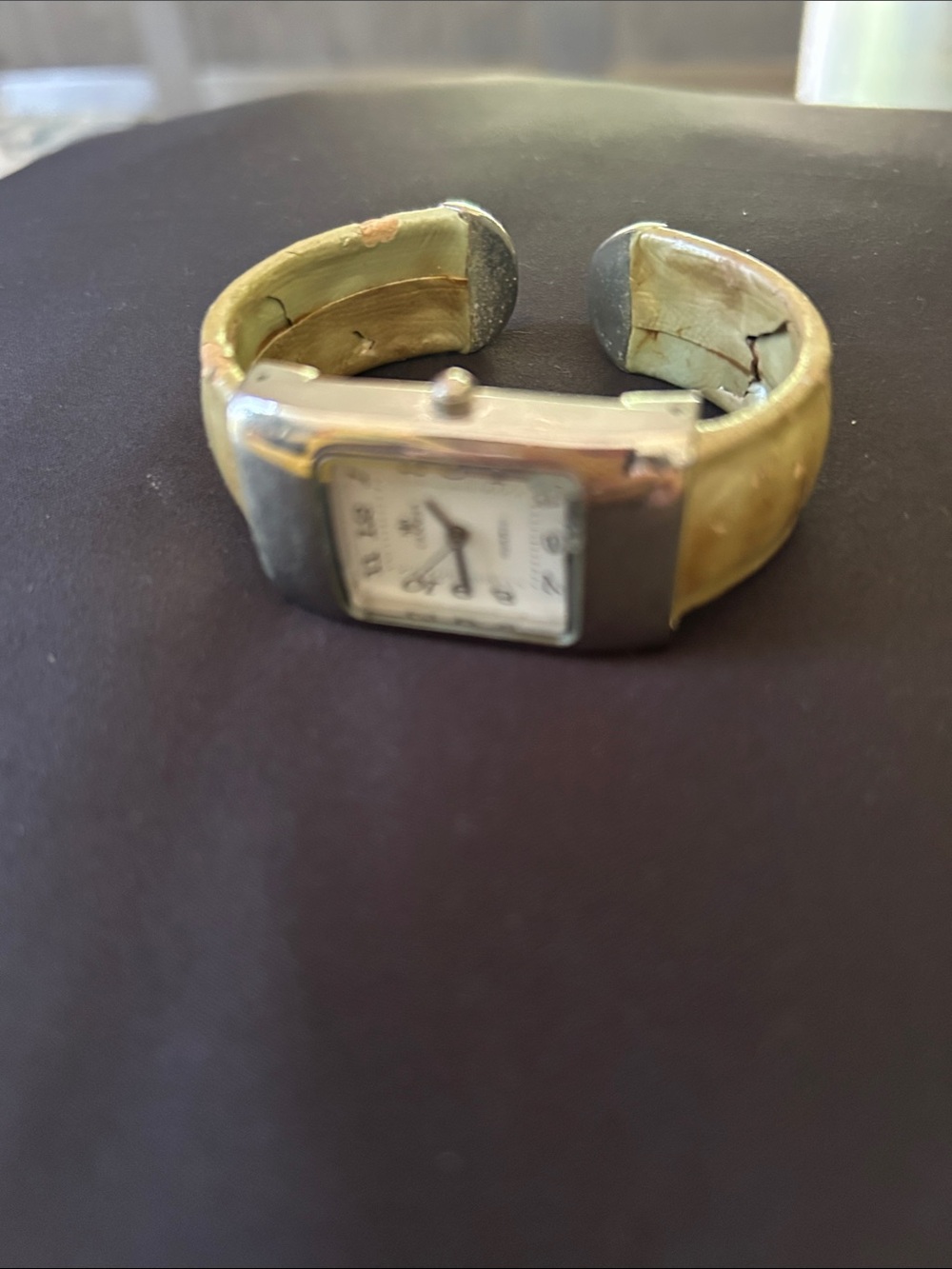Chico's Yellow Leather Cuff Watch with Silver-Tone Case